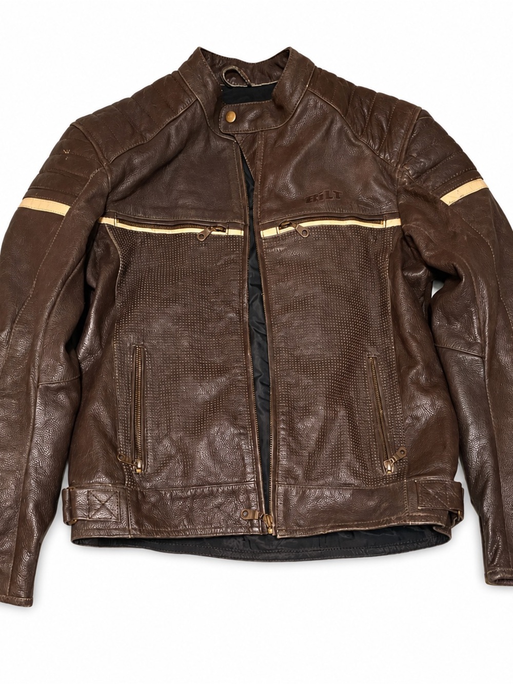 BiLT Men's Brown Leather Performance Jacket w/ Cream Stripe Accents US42/EUR52